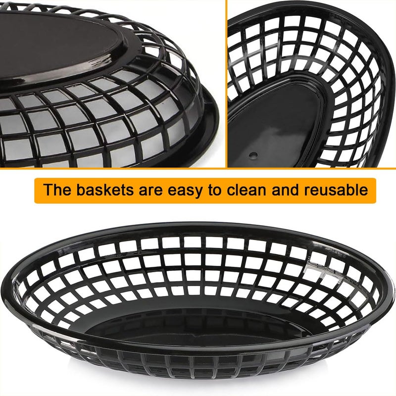 LOSYHU 50 Pack Fast Food Baskets  9"" x 5.7"" Reusable Plastic Food Serving Baskets  Plastic Oval Food Baskets for Party Picnic BBQ Burger Fries Sandwiches  Black and Red - Image 4